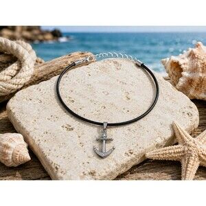 Anchor Pendant Necklace Black Cord Nautical Rhinestone Unisex Stainless Steel